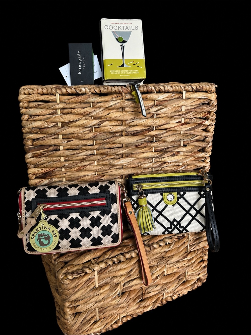 Spartina 449 Black & Cream Patterned Wristlet Duo with Yellow Accents